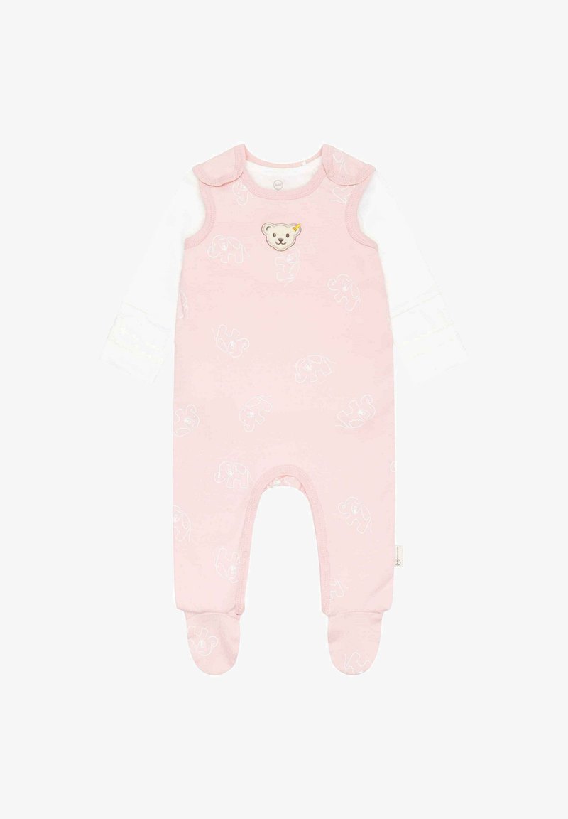 Helles rosa Babystrampelanzug mit weißen Elefantenmotiven, Druckknöpfen an den Schultern und einem Fußdesign mit einem kleinen Bärenapplikation.
