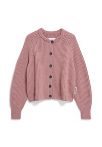 Light pink knitted cardigan with a round neckline, long sleeves, and front buttons. Features a ribbed texture and a cropped silhouette.