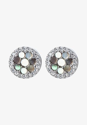 Boucles d'oreilles rondes clous avec un groupe central de pierres multicolores, entouré d'une bordure de petits cristaux clairs.
