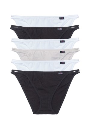Set aus fünf Damen-Bikiniunterhosen in Schwarz, Weiß, Hellgrau und Dunkelgrau. Weicher Baumwollstoff mit schmalen Gummibändern und Etiketten.