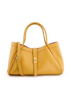 Gelbe Ledertasche mit glatter Textur, doppelten Griffen und einem abnehmbaren Tragegurt. Verfügt über einen Verschluss aus goldfarbenem Metall und eine rote Innenauskleidung.