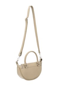 Beige læder håndtaske med to håndtag og en justerbar rem. Rundet form med lynlås i toppen og minimale hardware detaljer.