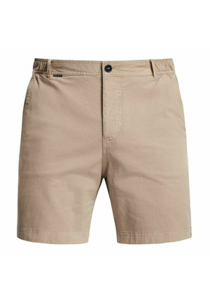 Shorts en coton beige avec une taille plate, un waistband élastique et une fermeture à un bouton. Comprend des poches latérales et un design épuré et minimal.