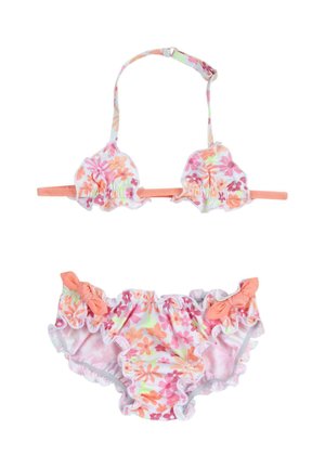 Bikini w kwiatowym wzorze w odcieniach różu i pomarańczu. Top ma falbany na brzegach i regulowane ramiączka; dół zdobiony falbanami i kokardą.