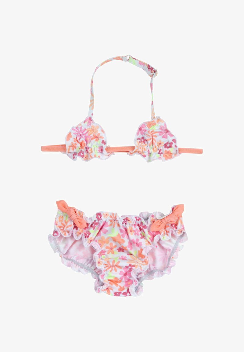 Ensemble de bikini à motif floral dans des tons de rose et d'orange. Le haut présente des bords en forme de scallop et des bretelles réglables ; le bas est orné de volants et d'un accent de nœud.
