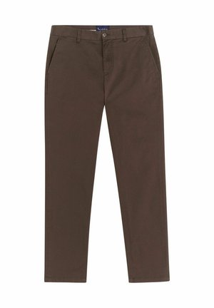 Braune Baumwoll-Chinos mit geradem Bein, ausgestattet mit seitlichen Taschen und Gürtelschlaufen, abgerundet mit einem klassischen Knopf- und Reißverschluss.