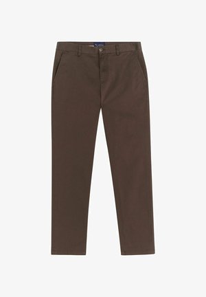 Bruine katoenen chinos met een rechte pijpdesign, voorzien van zijzakken en riemlussen, afgewerkt met een klassieke knoop- en ritsluiting.