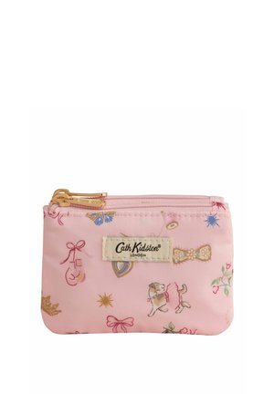Malé růžové pouzdro se zlatými zipy, zdobené mašlemi, psem v tutu sukni, květinami a štítkem Cath Kidston London.