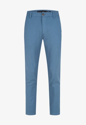 Helleblaue Hose aus einem gewebten Stoff, ausgestattet mit einem traditionellen Knopfverschluss und Seitentaschen, in schlanker Passform geschnitten.