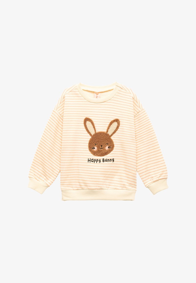 Light yellow striped sweatshirt featuring a brown embroidered bunny face and the text "Happy Bunny" below. Soft knit material.