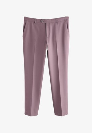 Világos mályva színű, testre szabott nadrágok elülső zsebekkel, övbílelőkkel, gombos záródással és karcsú, egyenes szárú szabással.