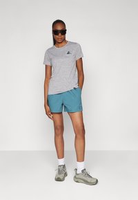 Γκρί μπλούζα με μικρή γραφική παράσταση βουνού, συνδυασμένη με τιρκουάζ σορτσάκι. Φοριέται με γκρι αθλητικά παπούτσια και γυαλιά ηλίου. Ορατές λευκές κάλτσες.