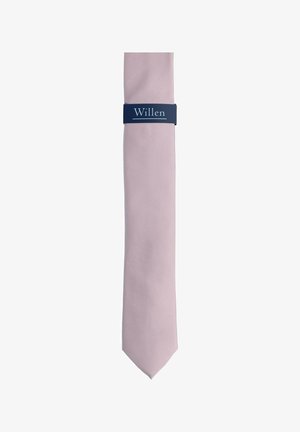Light pink silk tie with a smooth texture. Features a dark blue label with "Willen" in white lettering at the center. Classic design.