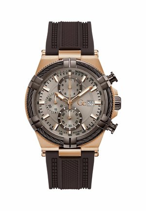 Rudos ir auksinės spalvos chronografinis rankinis laikrodis su tachimetro žiedu, trimis pridėtinėmis ciferblatais, datos rodmenu ir tekstūruota guminė apyranke.
