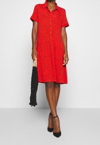Červené šaty s krátkým rukávem, černý puntíkovaný vzor, zapínání na knoflíky vpředu, vypasovaný pas, rozšířená sukně. Černé boty a černá kabelka.