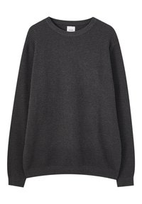 Ciemnoszary sweter z dzianiny o fakturowanym wzorze, z długimi rękawami i okrągłym dekoltem. Posiada ściągacz u dołu i na mankietach.