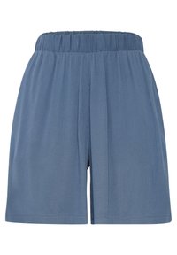 Niebieskie krótkie spodenki do kolan wykonane z lekkiego materiału. Posiadają elastyczną talię oraz teksturowaną powierzchnię z subtelnymi zakładkami.