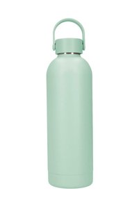 Botella de agua de acero inoxidable color verde menta con tapa de rosca y asa de transporte adjunta, colocada en posición vertical sobre un fondo blanco.