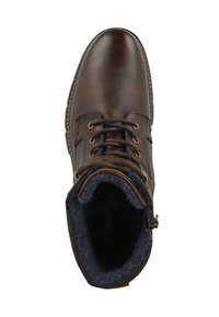 Bota de cuero marrón con diseño de cordones, cuello acolchado y forro de felpa azul oscura. Presenta un exterior suave y una suela duradera.