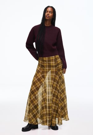 Bershka FLUID CHECK - MIDI SKIRT - sukňa v tvare A - brown