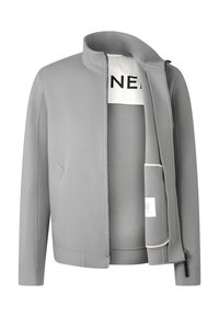 Lichtgrijze jas met hoge kraag, ritssluiting aan de voorkant en zijzakken. Heeft een zachte textuur en een intern merklabel.