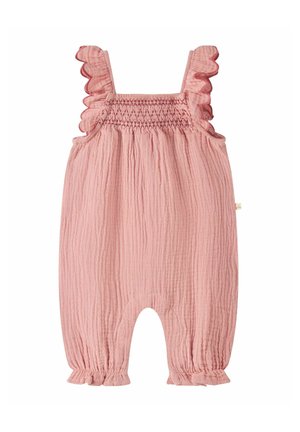 Ružový detský overal bez rukávov s volánovými ramienkami, nažehlenou prsnou časťou, textúrovanou látkou a elastickými volánovými otvoreniami na nohách.