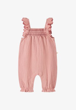 Różowy bezrękawnik dla niemowląt z falbankami na ramiączkach, marszczonym przodem, teksturowaną tkaniną i elastycznymi falbankami na otworach nogawek.