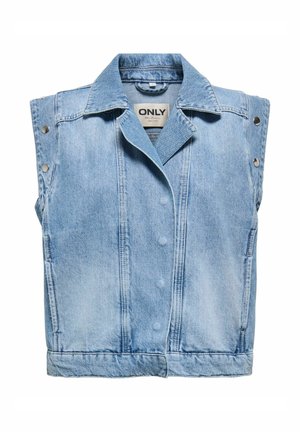 Vaaleansininen hihaton farkkutakki, jossa on painonapit edessä ja hartioilla, kaulus ja kauluksessa sisällä merkin "ONLY" etiketti.