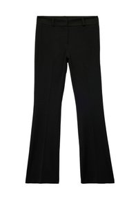 Zwarte flare broek met een gladde textuur, tailleband met lussen voor een riem, en zonder zichtbare patronen of accenten, plat gelegd op een witte achtergrond.
