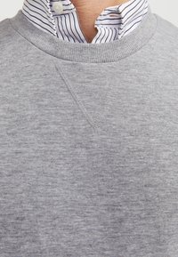 Felpa grigia con girocollo, tessuto strutturato e dettaglio di cucitura a forma di V. Sotto si intravede una camicia bianca a righe con colletto.