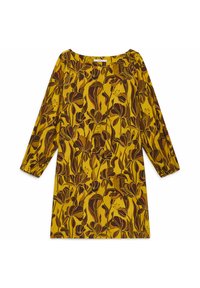 Robe à manches longues en tissu jaune moutarde présentant un motif floral en brun, rouge et vert. Coupe légèrement ample avec un large décolleté.