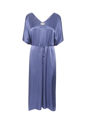 Kleid mit V-Ausschnitt und kurzen Ärmeln in einer einfarbigen hellblauen Farbe, aus einem glatten, glänzenden Stoff gefertigt, mit einem Kordelzug in der Taille für eine verstellbare Passform.