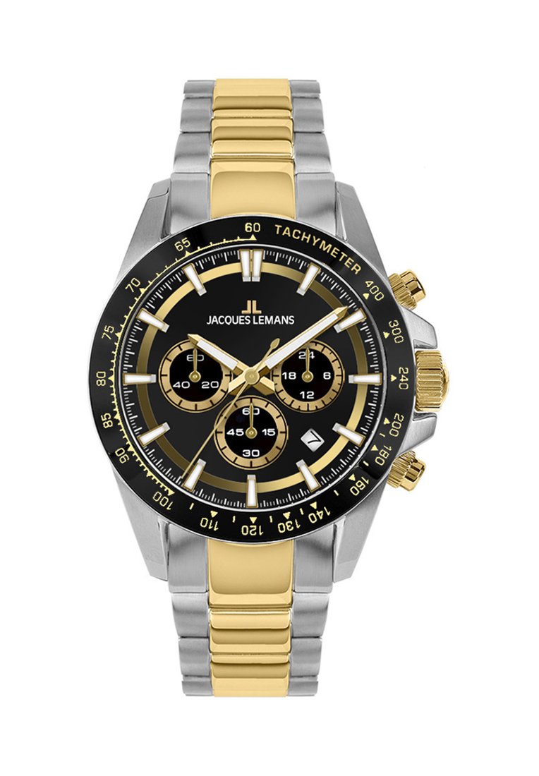 Reloj cronógrafo de acero inoxidable en color plateado y dorado con un dial negro, tres subdiales y un bisel taquimétrico, que cuenta con manecillas y marcadores luminiscentes.