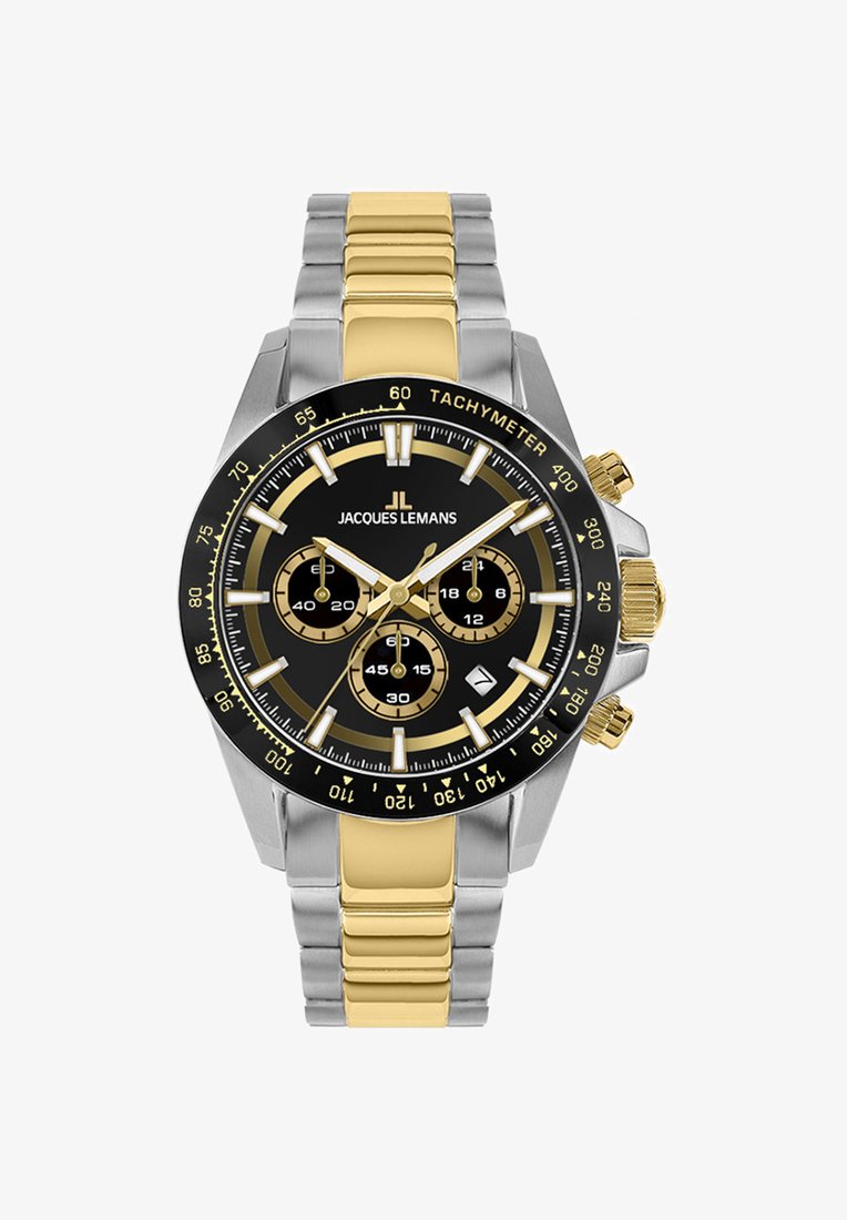 Reloj cronógrafo de acero inoxidable en color plateado y dorado con un dial negro, tres subdiales y un bisel taquimétrico, que cuenta con manecillas y marcadores luminiscentes.