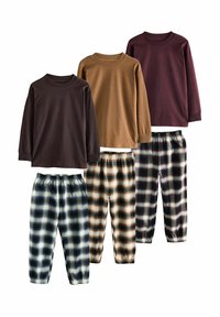 Four sets of children's clothes featuring long-sleeve tops in brown, mustard, and burgundy, paired with plaid pajama bottoms in various colors.
