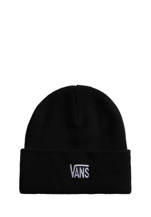 Sort strikket hue med opbukket kant og hvid Vans-logo broderet midt på fronten.