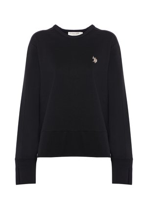 Felpa nera in morbido tessuto con scollo rotondo, maniche lunghe e polsini a coste. Presenta un piccolo logo ricamato sul petto.