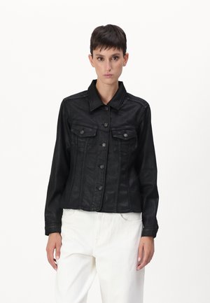 Black denim jacket with a collared neck, front button closure, and two chest pockets. Features a fitted silhouette and textured fabric.