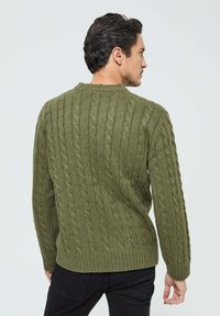 Pull en maille torsadée vert olive avec un col rond et un ourlet côtelé. La texture présente un motif marquant de câbles torsadés.