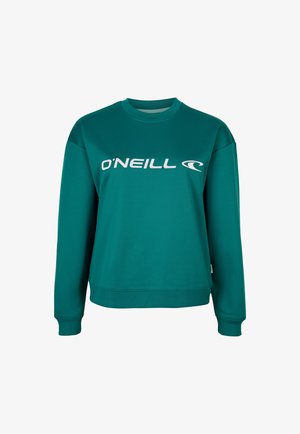 Petrolblå langærmet crewneck-sweatshirt med hvid "O'NEILL"-tekst og bølgelogo centreret på brystet, ribstrikkede manchetter og kant.
