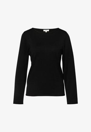 Schwarzes Langarmshirt mit Rundhalsausschnitt und schmaler Passform, mit dem Etikett "s.Oliver" sichtbar am inneren hinteren Halsausschnitt.