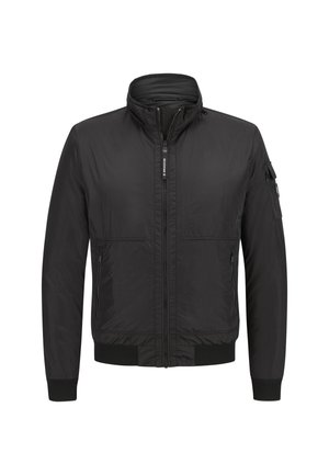Veste bomber noire avec fermeture éclair sur le devant, deux poches latérales zippées, poche zippée sur la manche gauche, poignets et col côtelés.
