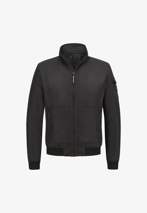 Veste bomber noire avec fermeture éclair sur le devant, deux poches latérales zippées, poche zippée sur la manche gauche, poignets et col côtelés.