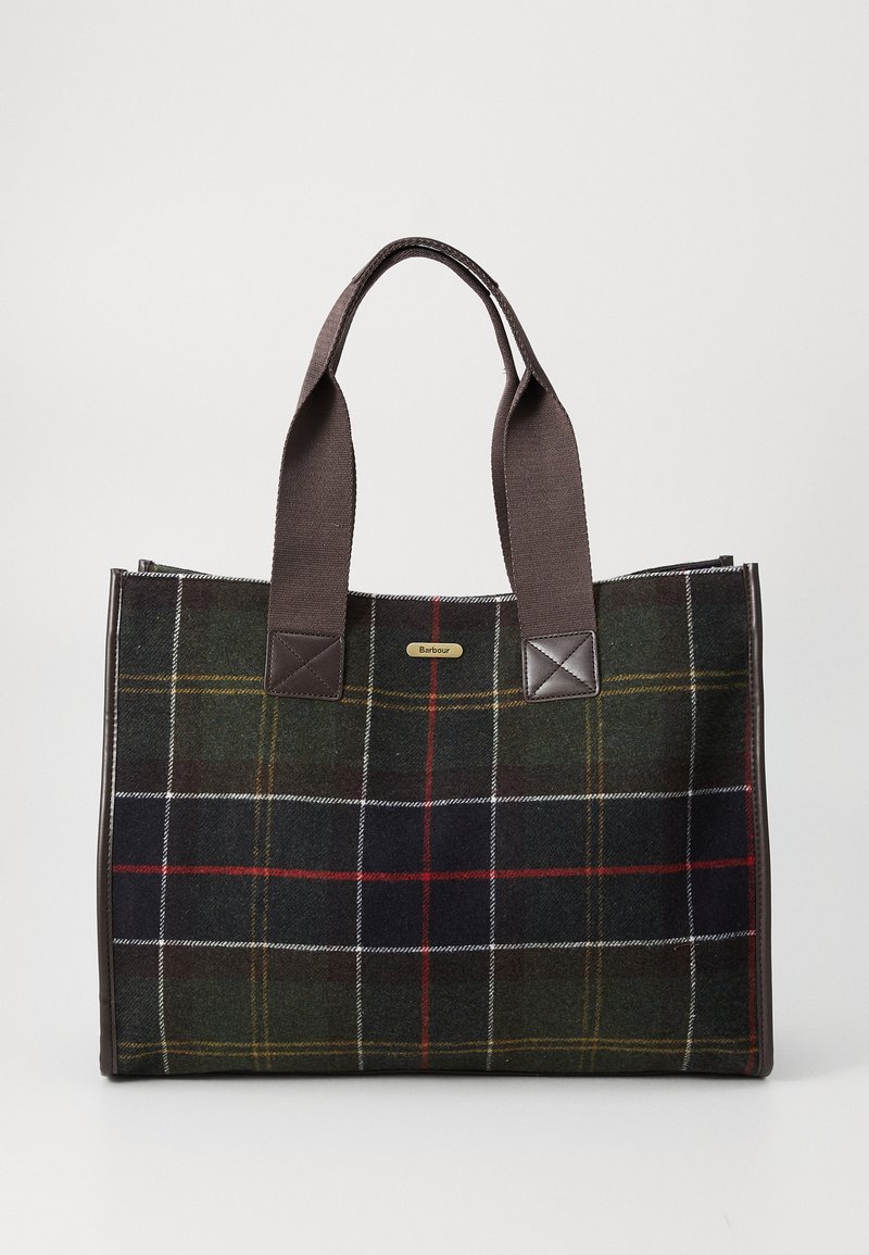 Tote bag with dark green, black, red, yellow, and white plaid pattern, brown straps, and "Barbour" label on front center.