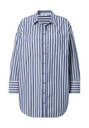 Raidoittu napillinen paita kevyestä kankaasta, jossa on sinisiä ja valkoisia pystysuoria raitoja, kaksi etutaskua ja klassinen kaulus.