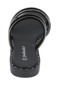 Sorte platform sandaler med tre perlestraps, struktureret overdel og runde metalliske nitter langs kanterne. Brandnavnet "Palado" synligt.