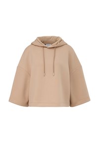 Beżowy cropowany hoodie o szerokim, pudełkowym kroju, z dużym kapturem i sznurkami do regulacji. Wykonany z miękkiego, teksturowanego materiału oraz z krótkimi rękawami.