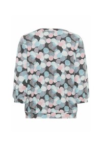 Grijze trui met driekwart mouwen, gekenmerkt door een patroon van elkaar overlappende pastel cirkels in roze, lichtblauw en donkerblauwe tinten.