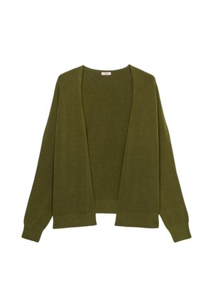 Zielony kardigan z dzianiny z otwartym przodem, długimi rękawami oraz ściągaczami przy mankietach i u dołu. Gładka tekstura i luźny krój.