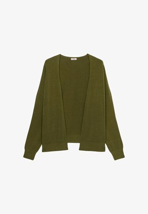Zielony kardigan z dzianiny z otwartym przodem, długimi rękawami oraz ściągaczami przy mankietach i u dołu. Gładka tekstura i luźny krój.